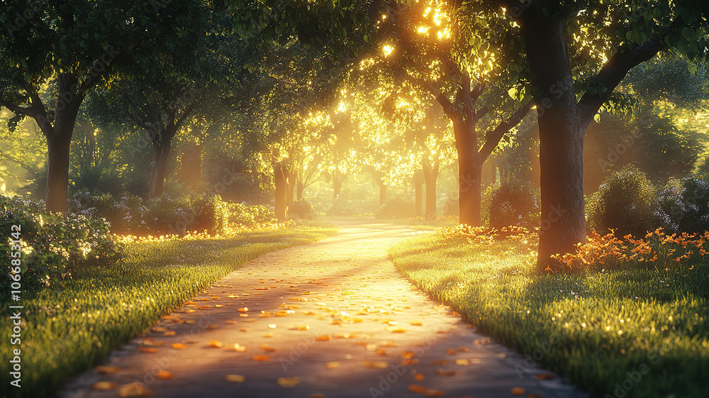 Naklejka premium Idyllic park scene featuring a sunlit path, inviting visitors to stroll before the sunset arrives