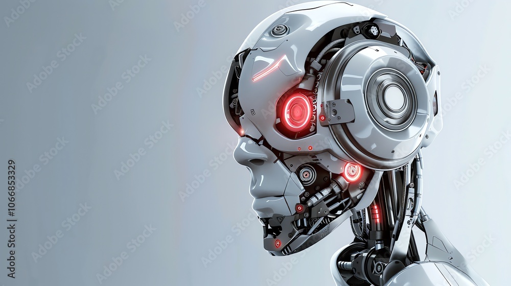 A robotic head with exposed wires and glowing red lights. A robotic head with exposed wires and glowing red lights.