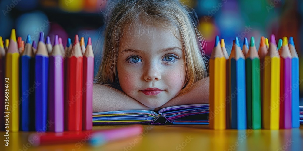 Young Girl Resting Chin on Book with Colorful Pencils Young Girl Resting Chin on Book with Colorful Pencils