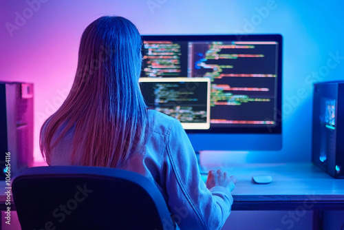 Persona escribiendo código en una computadora en una habitación estilo neón, vista desde atrás