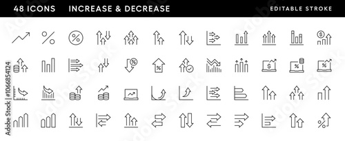 Increase and decrease icon set. Business growth, finance, economy, statistics, summary, growing, accounting, increase percent and more. Editable stroke. Pixel Perfect. Grid base 32px.
