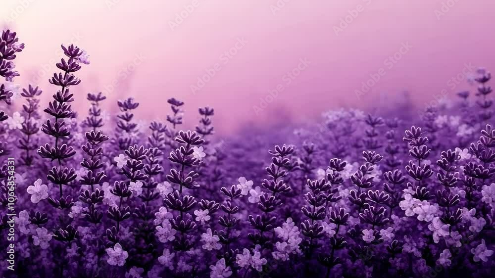 A field of lavender blooms under a soft, purple sky