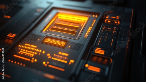 The locked computer screen emits a soft glow, highlighting intricate designs and glowing icons, suggesting an advanced digital environment during nighttime