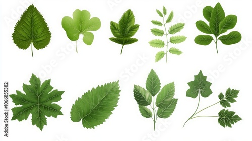Vector set of green leaf icons, various shapes, isolated on white; ideal for eco-friendly or bio logos