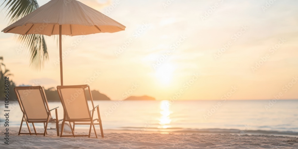 Obraz premium Beach chairs under umbrella at sunset, calm ocean view.