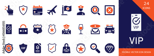 Minimal VIP solid icon set featuring premium status symbols, elite membership badges, exclusive access signs, luxury ranking markers, and priority service
