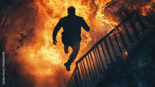 A man is captured mid-leap from a burning structure, surrounded by thick smoke and flames, as he seeks escape from the inferno within. The chaos illustrates a desperate moment of survival