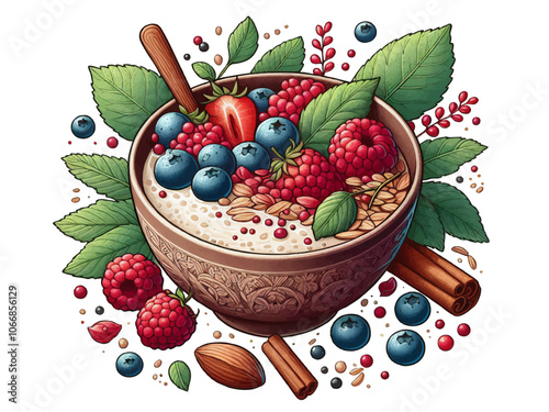 A detailed image highlighting a nourishing oatmeal porridge bowl embellished with an array of fresh.