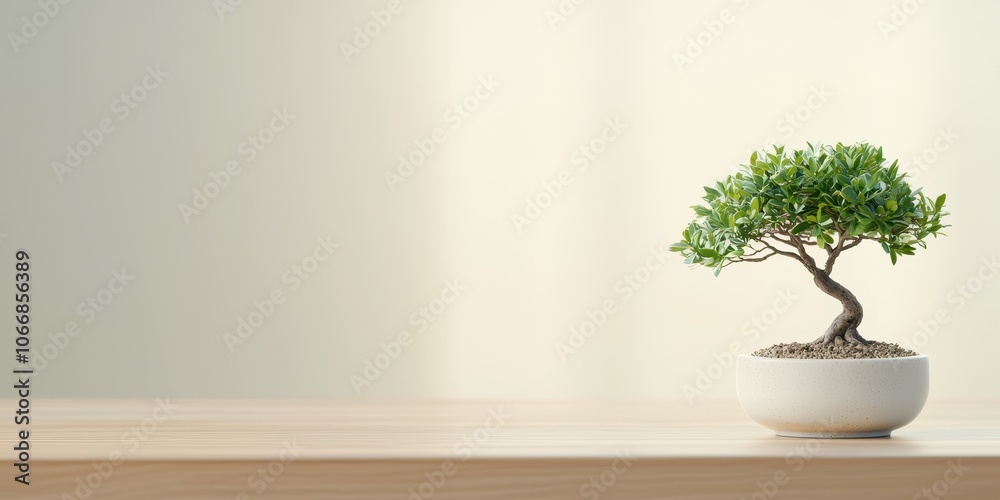 Bonsai tree in a white pot on a wooden table with a soft background. Bonsai tree in a white pot on a wooden table with a soft background.