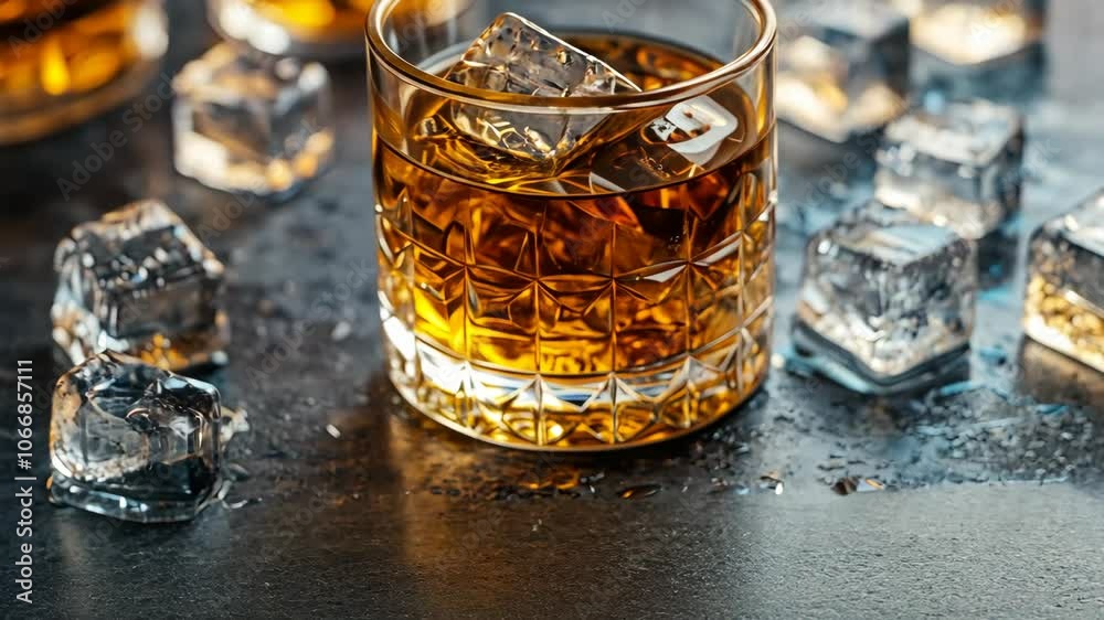 A glass of whiskey with ice cubes on a dark surface