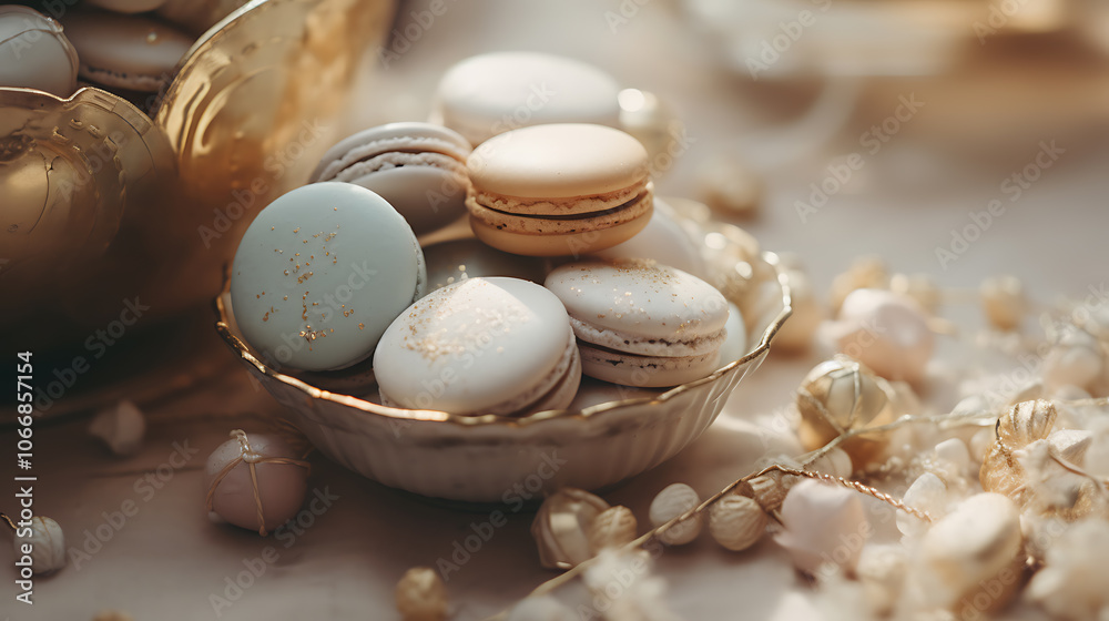 Delicate macarons with gold accents displayed elegantly on luxurious fabric in a festive arrangement Delicate macarons with gold accents displayed elegantly on luxurious fabric in a festive arrangement