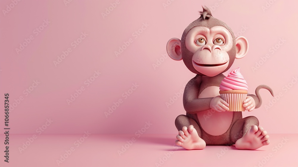 A cute cartoon monkey sitting on a pink background, holding a cupcake. A cute cartoon monkey sitting on a pink background, holding a cupcake.