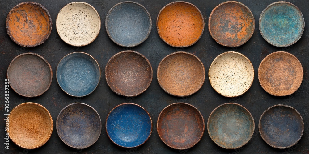Collection of colorful ceramic plates arranged in a grid with dark background. Collection of colorful ceramic plates arranged in a grid with dark background.