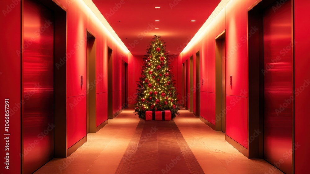 Modern Elevator doors of office or hotel hallway,holiday season decor with christmas tree,Lobby interior, corridor in house with lift,Black elegant lift for passenger or cargo elevators,copy space. Modern Elevator doors of office or hotel hallway,holiday season decor with christmas tree,Lobby interior, corridor in house with lift,Black elegant lift for passenger or cargo elevators,copy space.