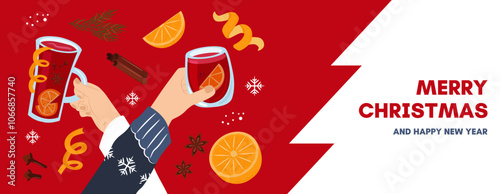 Merry Christmas red banner. Group of people drinking winter drinks. People celebrate Christmas and New Year together. Hands hold glasses of mulled wine.