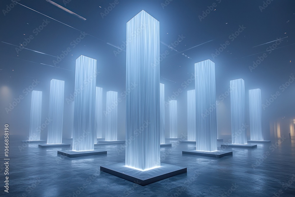 A Minimalist Installation of Glowing Light Pillars in a Foggy Room A Minimalist Installation of Glowing Light Pillars in a Foggy Room