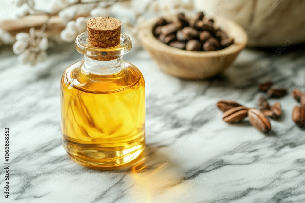 marble table with bottle of tonka bean oil, concept banner for beauty product with text space marble table with bottle of tonka bean oil, concept banner for beauty product with text space