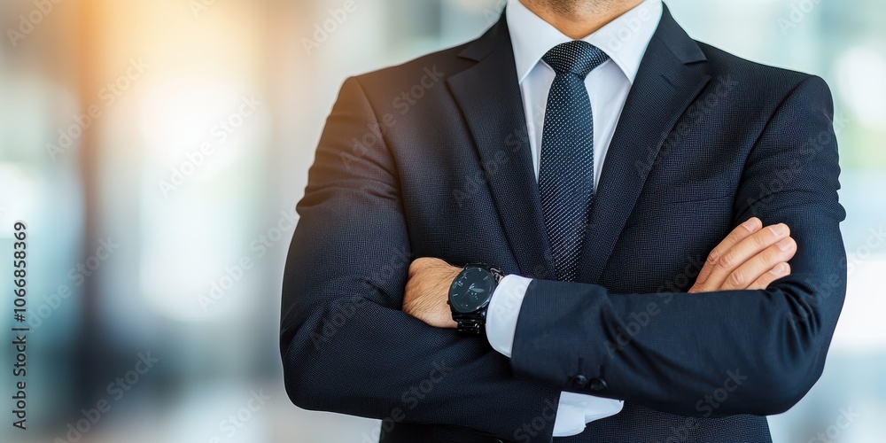 Confident businessman with crossed arms in a professional setting Confident businessman with crossed arms in a professional setting