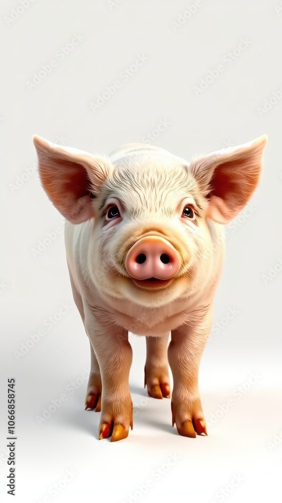 A small pig stands on a white background, looking directly at the camera A small pig stands on a white background, looking directly at the camera