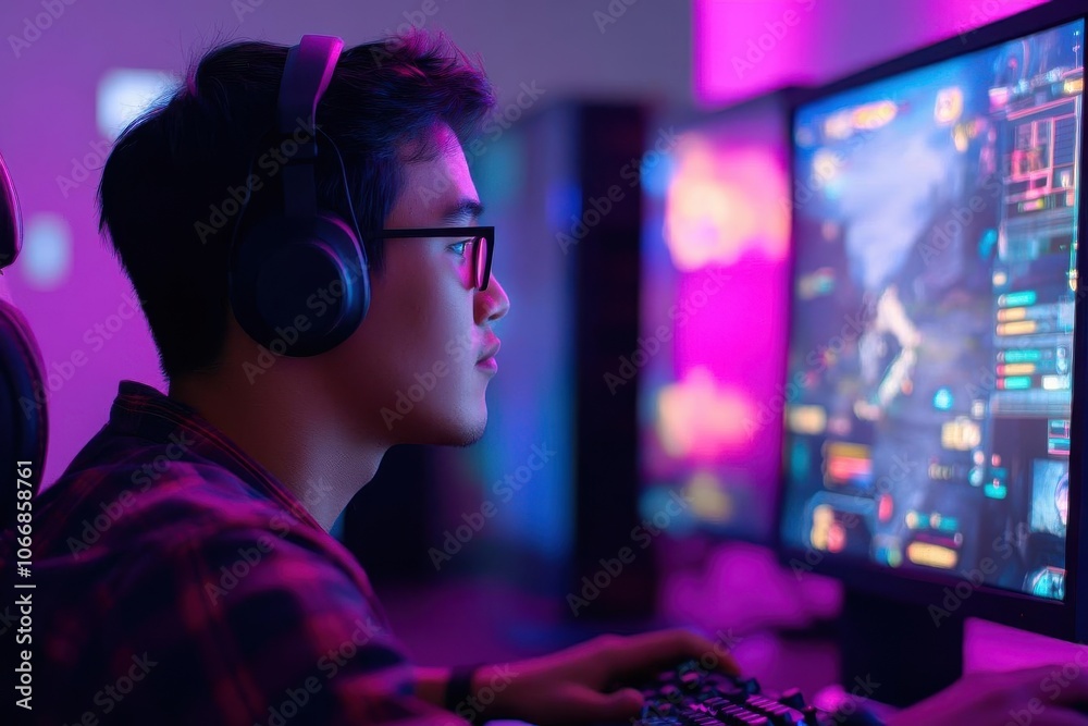 A focused gamer immersed in action, wearing headphones, surrounded by colorful LED lighting, showcasing a vibrant gaming setup. A focused gamer immersed in action, wearing headphones, surrounded by colorful LED lighting, showcasing a vibrant gaming setup.