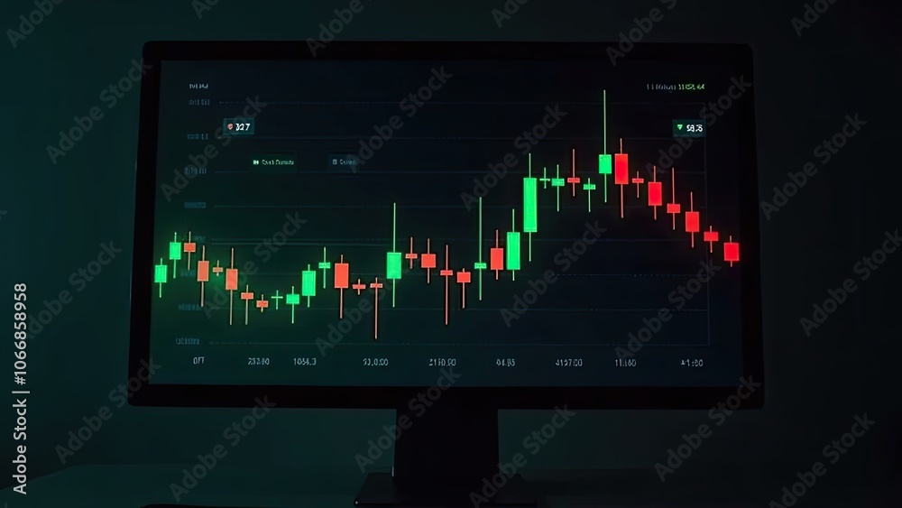 Display of a Stock Market Trading Chart Showing Fluctuations With Green and Red Candlesticks During a Late Evening Session Display of a Stock Market Trading Chart Showing Fluctuations With Green and Red Candlesticks During a Late Evening Session