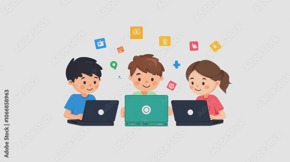 Kids Engaged in Learning with Laptops and Graphics Kids Engaged in Learning with Laptops and Graphics