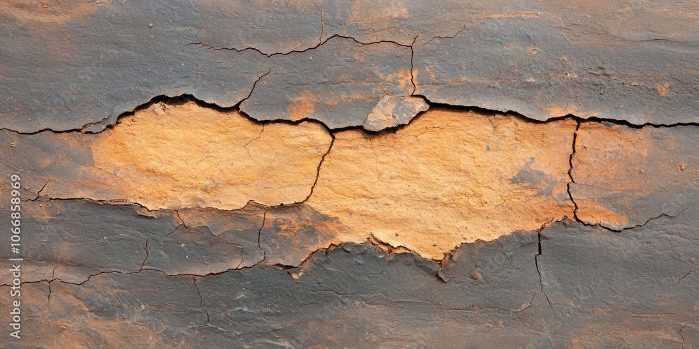 Fototapeta premium Cracked wall texture with orange and blue contrasts, perfect for design backgrounds.