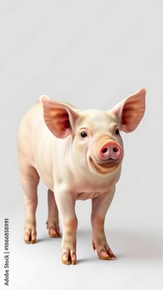 A small pig stands on a white background, looking directly at the camera
