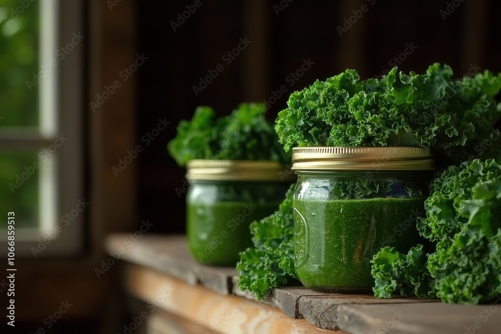 Fresh Kale Smoothie in Jars Surrounded by Greens Fresh Kale Smoothie in Jars Surrounded by Greens