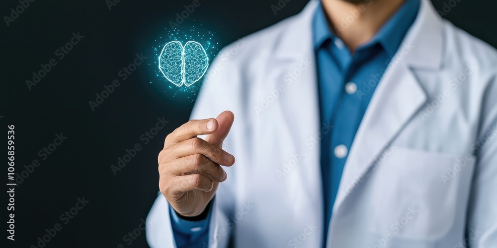 Doctor holding a holographic brain concept, dark background. Doctor holding a holographic brain concept, dark background.