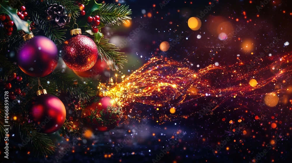 Christmas themed background featuring baubles a fir tree and holly with a sparkling design on a dark backdrop along with festive treats Christmas themed background featuring baubles a fir tree and holly with a sparkling design on a dark backdrop along with festive treats