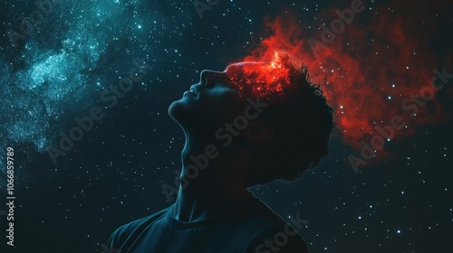 A man gazes upwards, lost in thought, as a swirling cosmic void appears in his head, symbolizing a deep connection with the universe in a star-filled sky