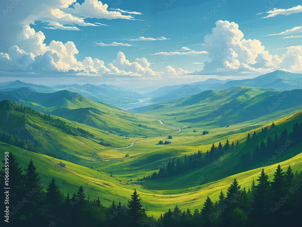 Obraz premium Generated illustration of a green lush valley landscape in the spring. Or summer.