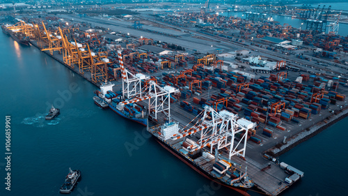 commercial port in deep sea load and unloading cargo from container ship import export by crane for distributing goods by trailers transport logistic  to customers and dealers, aerial top view