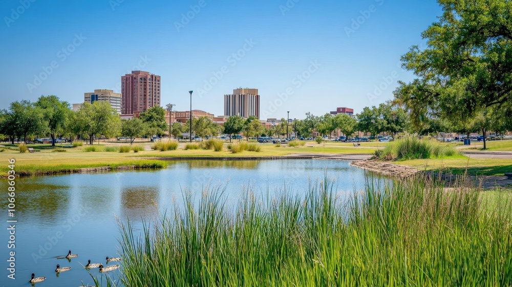 Midland, Texas Skyline in Downtown West Urban City with Duck Pond at Wadley Barron Park Midland, Texas Skyline in Downtown West Urban City with Duck Pond at Wadley Barron Park