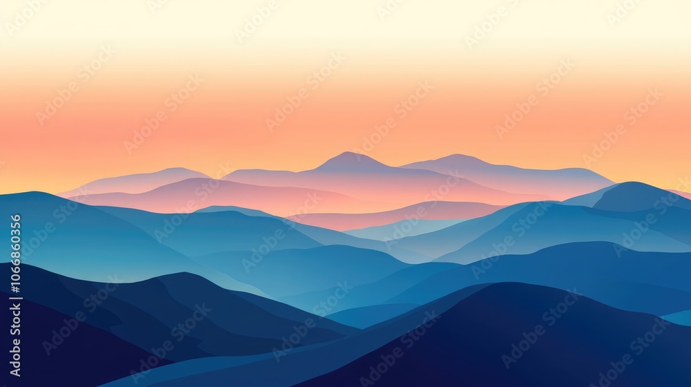 Obraz premium Breathtaking mountain scenery at dawn featuring undulating hills beneath gradients of blue and orange skies