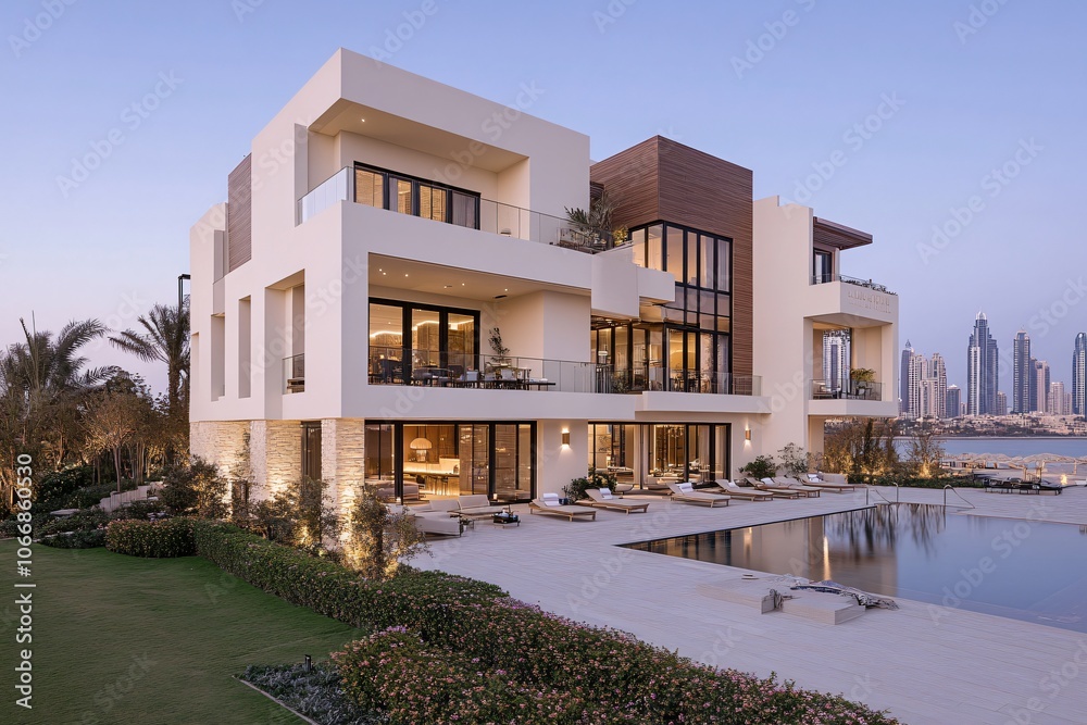 Fototapeta premium Modern Luxury Villa with Pool Overlooking Skyline at Dusk