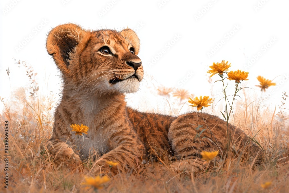 Obraz premium Playful Lion Cub in a Field of Flowers