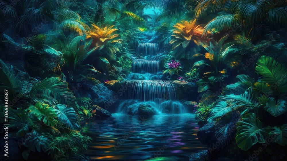 A tranquil waterfall in a lush jungle setting enhanced with vivid digital elements showcasing a fantastical artistic style A tranquil waterfall in a lush jungle setting enhanced with vivid digital elements showcasing a fantastical artistic style