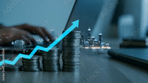Hands typing on a keyboard with rising stacks of coins and a blue upward trending arrow, symbolizing financial growth.