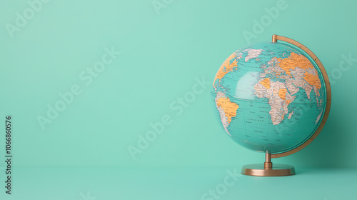 Cinematic close-up of a globe with stunning reflection, crisp detail of continents, surrounded by a soft, blurred, teal-tinted background, showcasing global elegance