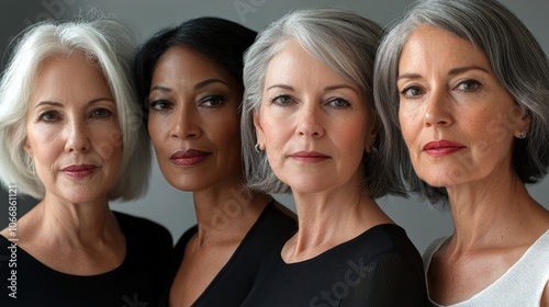 Older Female Model. Skincare and Diversity: Group of Mature Women with Glowing Skin in Studio