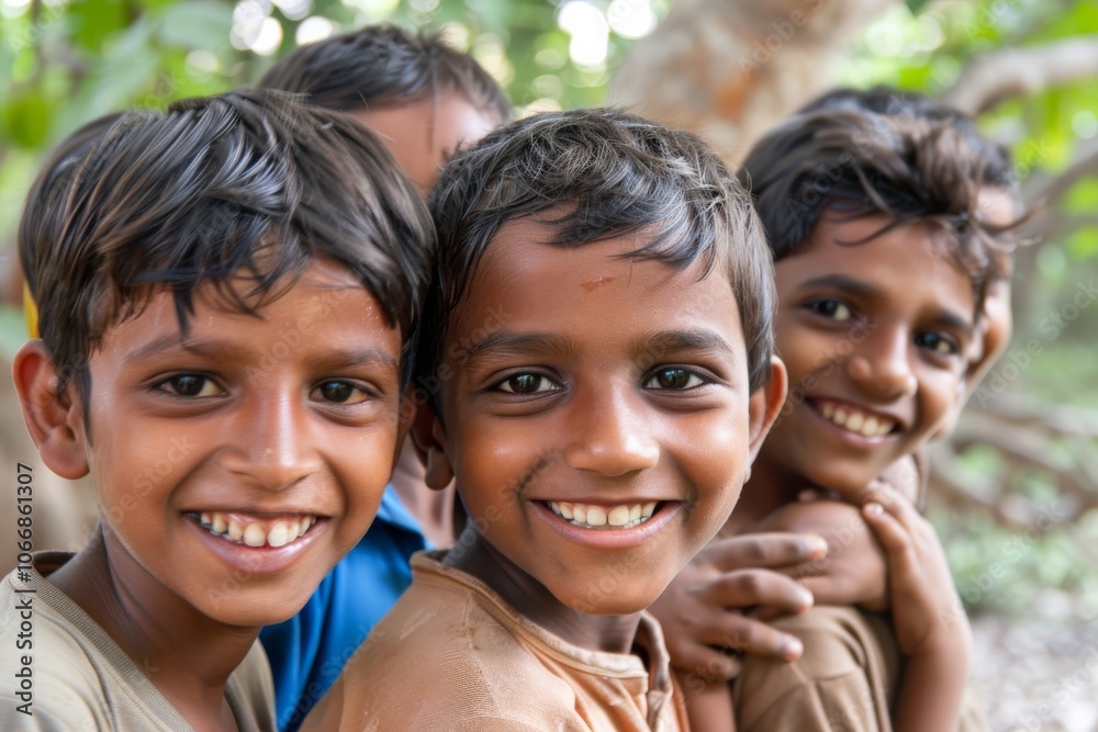 Indian children smiling and looking at camera in a rural area of India Indian children smiling and looking at camera in a rural area of India