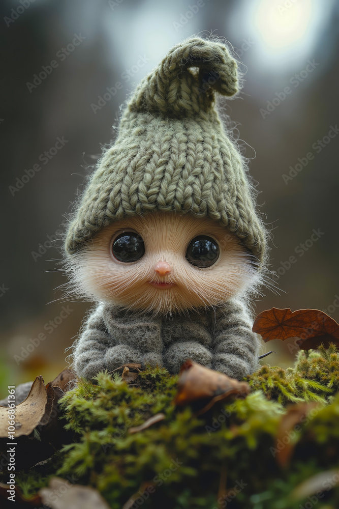 Fototapeta premium A small stuffed animal wearing a knitted hat sitting on a moss covered ground