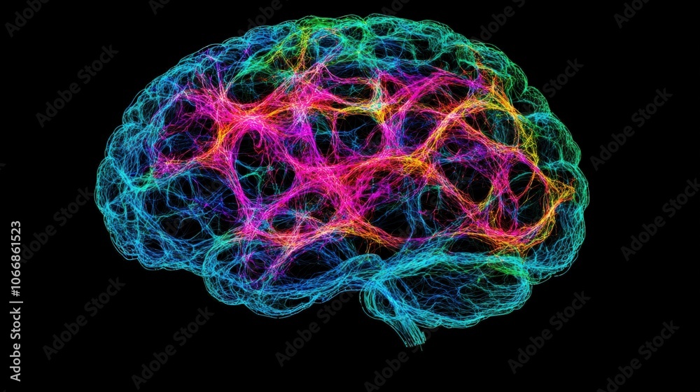 This artwork illustrates a man's brain crafted as a colorful network of neurons, showcasing the intricate connections and pathways that facilitate thought and communication within the mind This artwork illustrates a man's brain crafted as a colorful network of neurons, showcasing the intricate connections and pathways that facilitate thought and communication within the mind