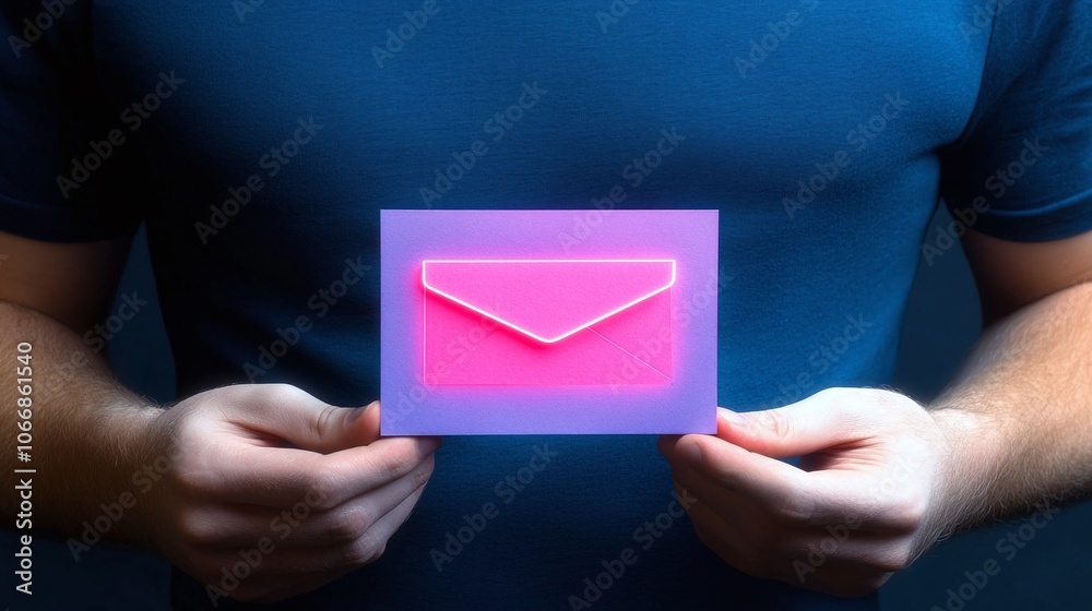 Neon Email Icon Held by Person in Dark Background Neon Email Icon Held by Person in Dark Background