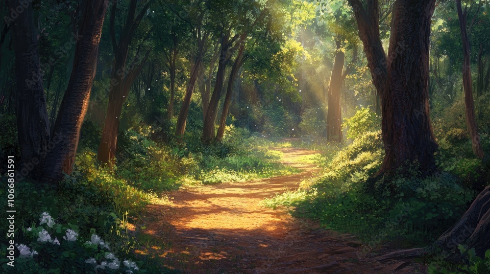 A sunlit forest trail beckons for exploration and fosters a deeper connection with nature A sunlit forest trail beckons for exploration and fosters a deeper connection with nature