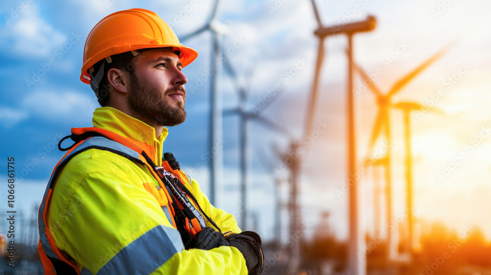 technician in safety helmet and bright jacket stands confidently in front of wind turbines, showcasing dedication to renewable energy. sunset creates vibrant backdrop technician in safety helmet and bright jacket stands confidently in front of wind turbines, showcasing dedication to renewable energy. sunset creates vibrant backdrop