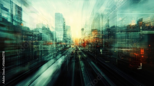 Blurred urban landscape featuring numerous structures with a transportation network enhanced by a double exposure effect incorporating graph and technology icons