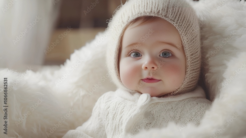 A close-up of a baby bundled in winter attire, sitting on a fluffy white blanket, with rosy cheeks and a curious gaze, capturing the purity and warmth of the season A close-up of a baby bundled in winter attire, sitting on a fluffy white blanket, with rosy cheeks and a curious gaze, capturing the purity and warmth of the season